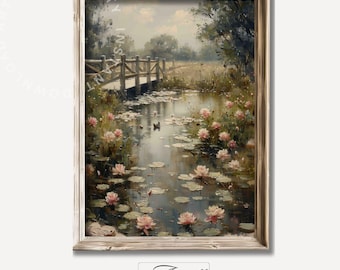 Printable Water Lilies Wall Art Duck in Pond Print Farmhouse Decor Vintage Countryside Artwork Antique Landscape Painting Digital Download