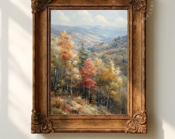May include: A framed landscape painting depicts a vibrant autumn forest scene. The artwork features trees with red, orange, and yellow leaves, set against a backdrop of rolling hills and a blue sky. The ornate, brown wooden frame adds a classic touch.