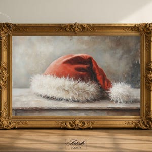 Obraz przedstawiający starą czapkę Świętego Mikołaja, do druku sztuka ścienna na Boże Narodzenie, antyczny obraz przedstawiający Świętego Mikołaja, wystrój wiejskiego domu, rustykalny wydruk świąteczny, pobieranie cyfrowe