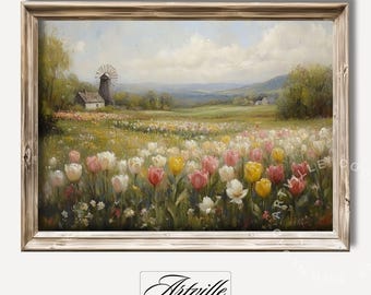 May include: A painting of a field of colorful tulips in bloom. A windmill and a farmhouse are in the background. The painting is framed in a rustic wooden frame.