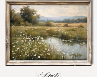 Printable Spring Landscape Painting Vintage Wildflowers Wall Art Spring Field Print Farmhouse Decor Muted Nature Art Digital Download