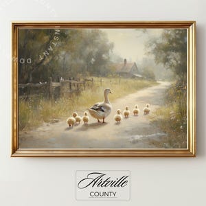 Duck with Ducklings Art Print, Printable Countryside Wall Art, Vintage Animal Print, Farmhouse Duck Painting, Nursery Decor Digital Download