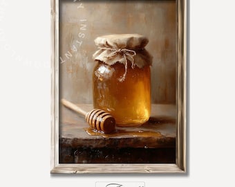 May include: A glass jar of honey with a burlap lid and a wooden honey dipper. The jar is sitting on a wooden table with a brown background.