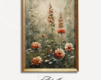 Vintage Botanische Kunstdruck, Neutrale Ton Blumen Malerei, druckbare Blumen Wandkunst, Vintage Bauernhausdekor, Muted Kunst digitaler Download