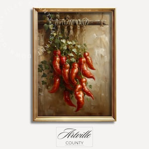 Peinture à l&#39;huile de piments, impression de nature morte imprimable, art mural de cuisine vintage, décoration de ferme, art de piment rouge, téléchargement numérique