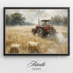 Vintage Tractor in Field Painting, Farmhouse Wall Art, Printable Farm Wall Art, Countryside Field Print, Farming Scene Digital Art Print image 6