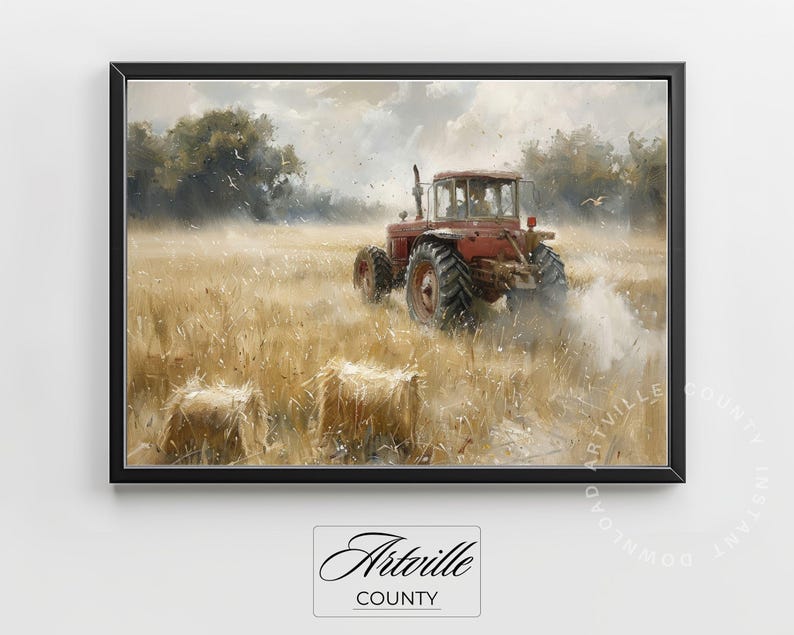 Vintage Tractor in Field Painting, Farmhouse Wall Art, Printable Farm Wall Art, Countryside Field Print, Farming Scene Digital Art Print image 6