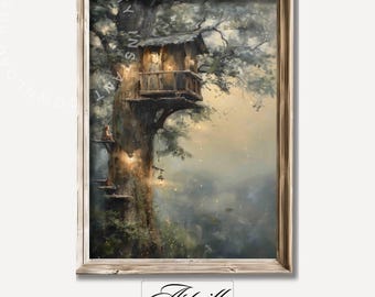 Whimsical Treehouse Oil Painting, Printable Fairy Tale Wall Art, Kids Room Decor, Magic Forest Print, Vintage Art Print, Digital Download