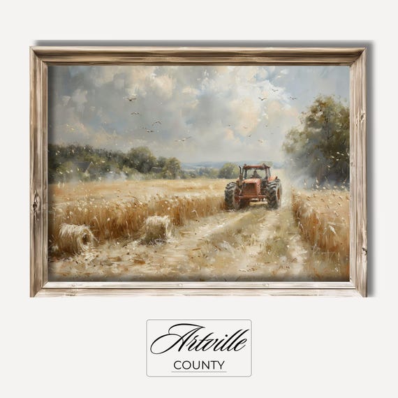 Vintage Tractor at Field Oil Painting, Farmhouse Wall Art, Printable Farm Wall Art, Countryside Field Print, Farming Scene Digital Art Print