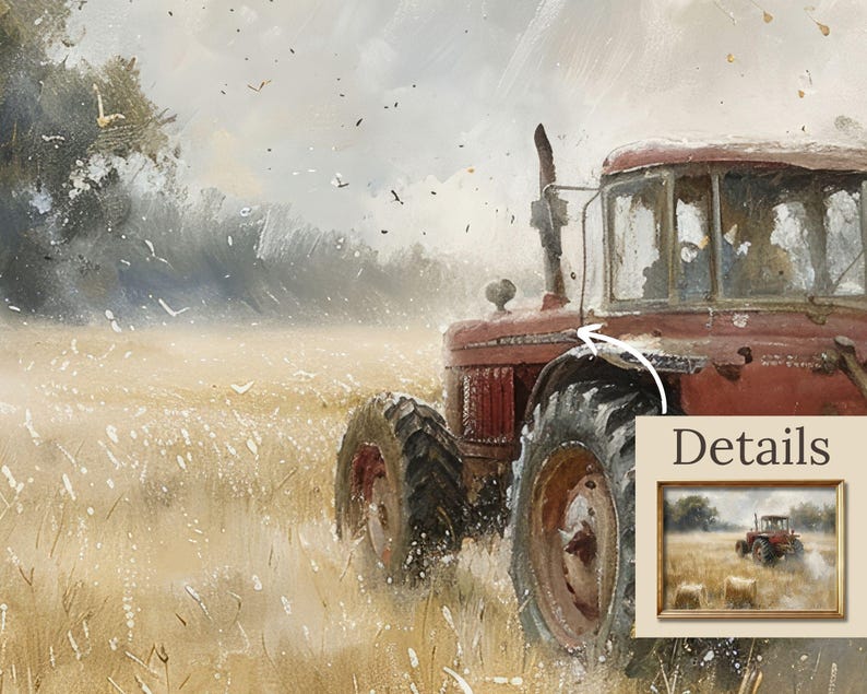 May include: A red tractor drives through a field of golden wheat, with a small detail image showing a similar tractor in a field of hay bales.