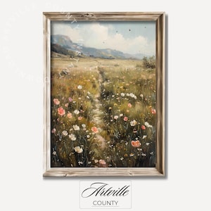 Printable Wildflower Field Painting, Vintage Country Landscape Art Print, Farmhouse Summer Decor, Cottage Flowers Print Art Digital Download