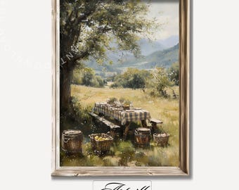 May include: A painting of a picnic scene in a rural setting. A checkered tablecloth covers a wooden picnic table with plates, glasses, and food. A large tree shades the table, and there are baskets of fruit and barrels nearby. The background features rolling hills and a distant village.