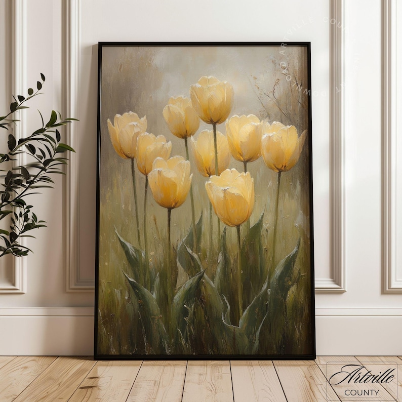 May include: A painting of a bouquet of yellow tulips with green leaves against a soft, muted background.