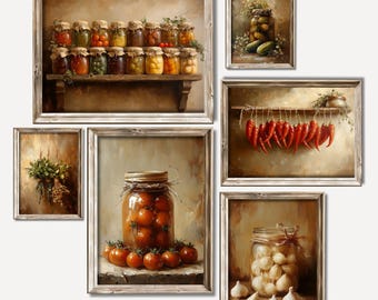 Vintage Kitchen Prints Set of 6, Printable Farmhouse Kitchen Wall Art, Still Life Painting, Antique Cottagecore Wall Decor, Digital Download