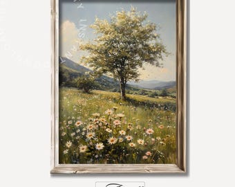 Utskrivbar vintage trädmålning, landsbygdslandskapstryck, väggkonst med vildblommor, bondgårdsdekor, digital nedladdning av Cottagecore-konst