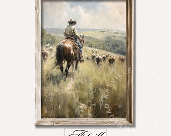 Arte murale stampabile raffigurante un cowboy, stampa western vintage, dipinto antico di una fattoria, arte murale raffigurante un cavallo, estetica western, decorazioni del sud-ovest con cavalieri