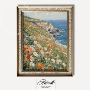 Wildflowers Bloom Coastal Painting, Seascape Print, Vintage Country Landscape, Spring Wall Decor, Printable Floral Wall Art Digital Download