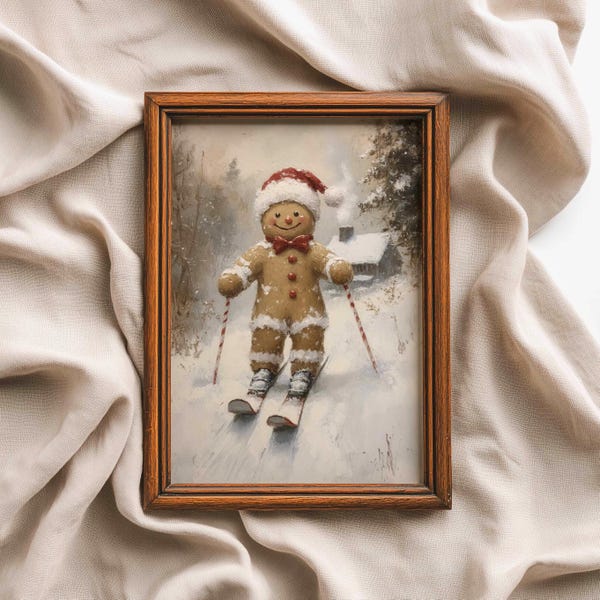 Gingerbread Man Christmas Print, Vintage Christmas Tree Painting, Festive Cottagecore Wall Art, Winter Nursery Decor, Digital Download