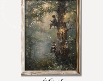 Whimsical Tree Oil Painting, Printable Moody Forest Wall Art, Kids Room Decor, Magic Forest Print, Vintage Dark Print, Digital Download