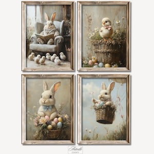 Op de afbeelding: Set van vier ingelijste kunstdrukken met een vintage Paasthema. Elke print toont een konijn of kuiken met pastelkleuren en bloemaccenten. Eén toont een konijn dat voorleest aan kuikens, een ander een kuiken in een mand en twee met konijnen en paaseieren.
