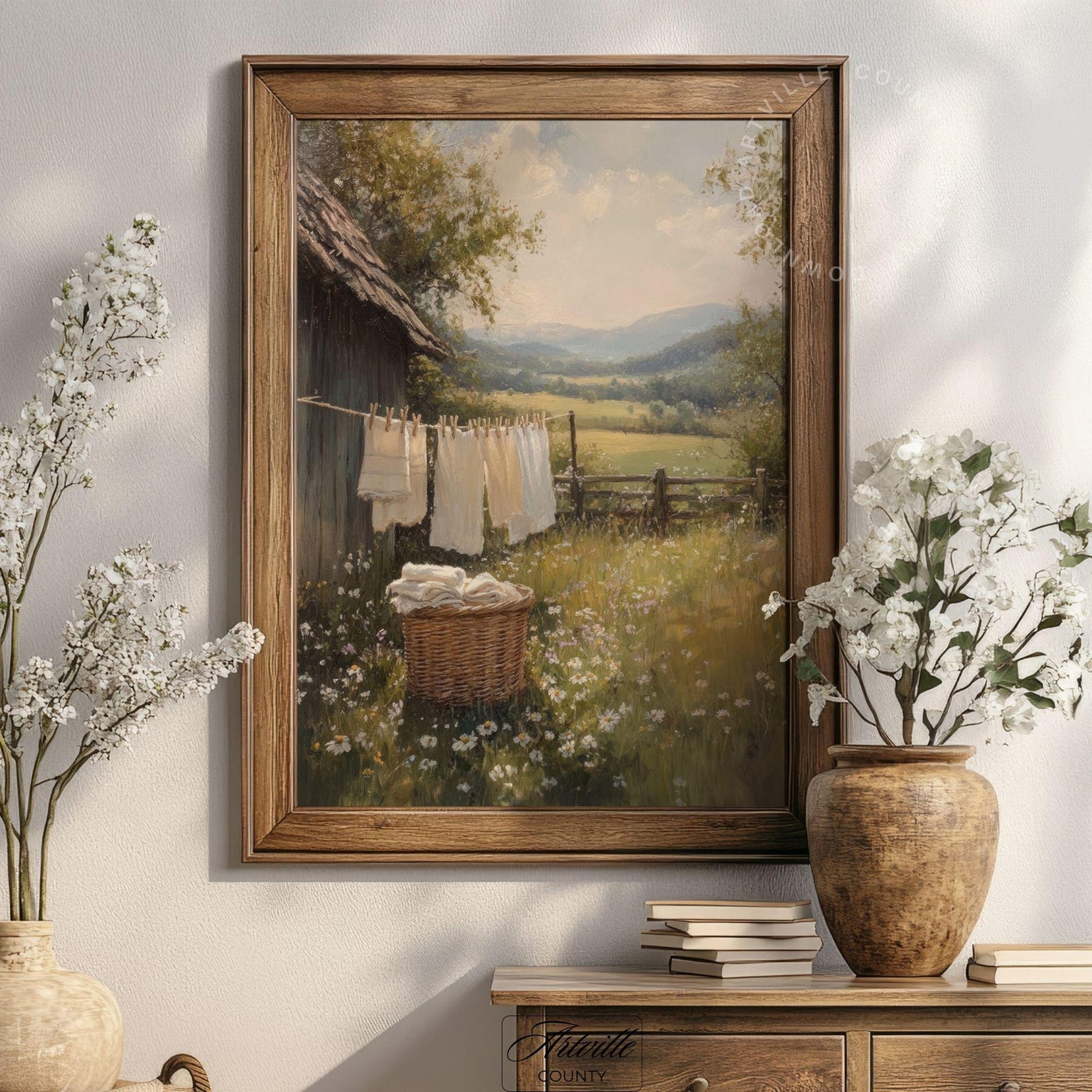 Vintage Laundry Day Print, Printable Country Landscape Painting ...
