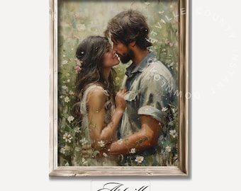 Printable Romantic Couple Painting, Love and Passion Wall Art, Vintage Wildflower Print, Farmhouse Decor Art, Kissing Art, Digital Download