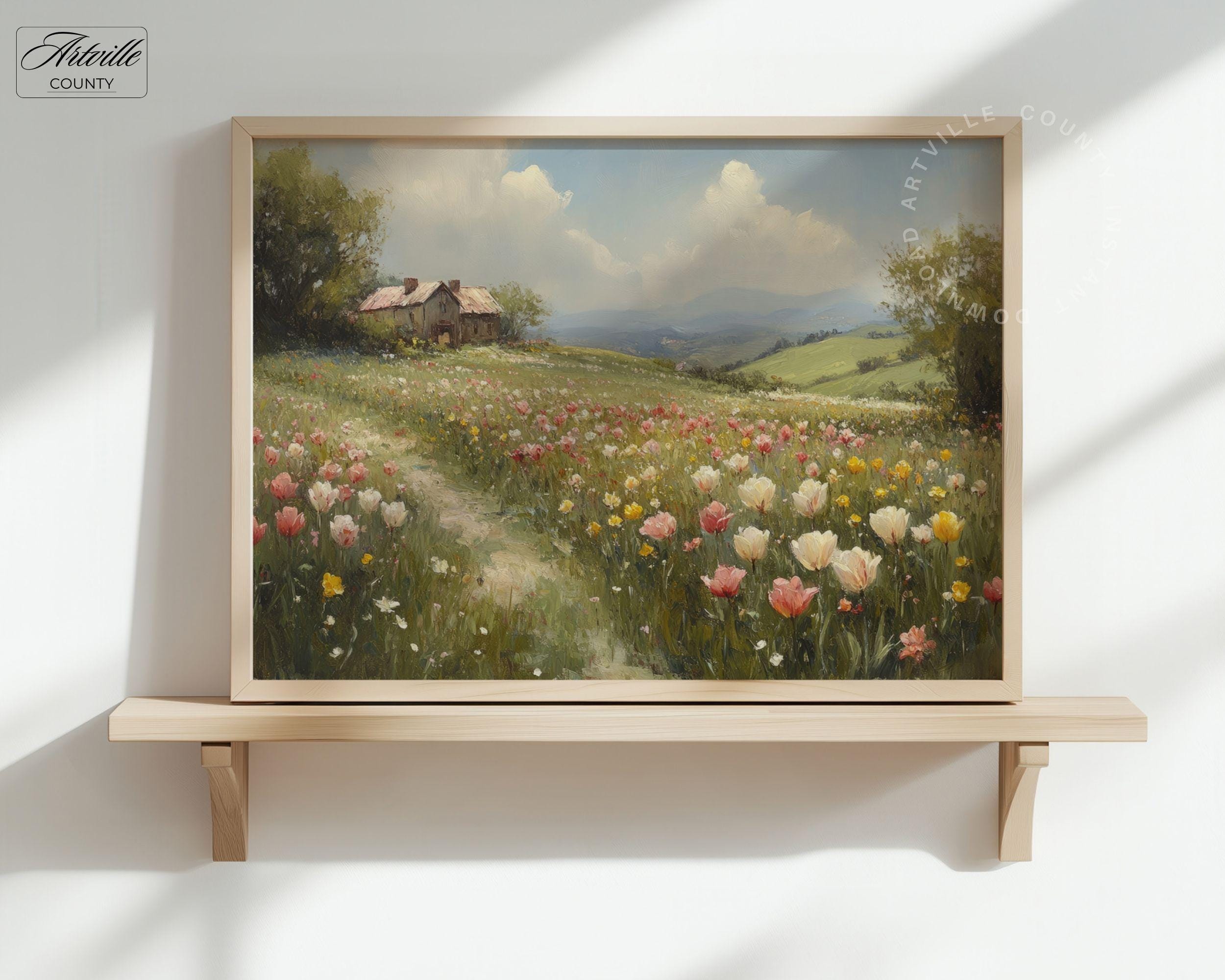 Vintage Spring Landscape Art Print, Antique Cottage Wall Art, Farmhouse ...