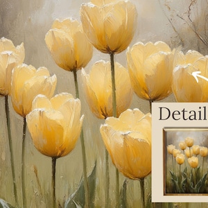 May include: A painting of a bouquet of yellow tulips with green stems and leaves against a light brown background. The painting has the word "Details" written in a white box in the lower right corner.