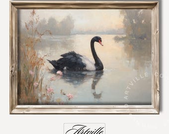 ヴィンテージの白鳥アート、ブラックスワン、ファームハウスアート