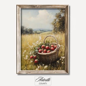 Vintage Strawberry Basket Wall Art, Country Landscape Painting, Rustic Kitchen Decor, Farmhouse Fruit Print, Cottagecore Digital Download