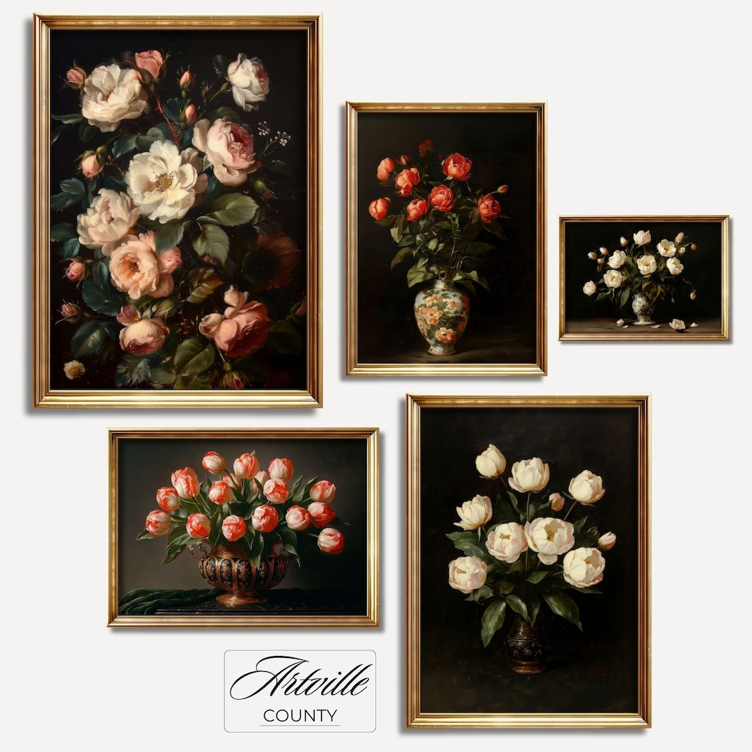 Moody Dark Floral Print Set of 5, Printable Vintage Flower Wall Art ...