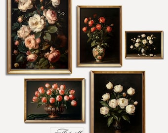 May include: Five framed floral still life paintings with gold frames. The paintings feature various flowers in different colors and arrangements, including roses, tulips, and peonies.