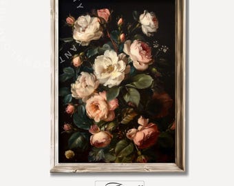 Printable Moody Peonies Wall Art, Vintage Dark Oil Painting, Floral Art Print, Farmhouse Flower Decor, Victorian Rose Print Digital Download