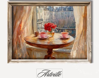 バラとティーカップのヴィンテージ絵画、印刷可能な花の壁アート 