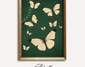 Vliegende vlinders Japanse muurkunst, saliegroen botanische print, afdrukbare vintage nachtvlinder kunst, humeurig smaragdgroen schilderij, digitale download