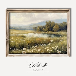 Printable Countryside Landscape Painting, Vintage Mountain Wall Art, Antique Farmhouse Wall Decor, Wildflower Field Print, Digital Download