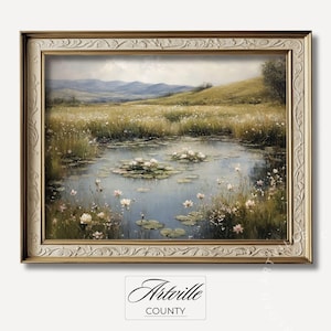 Printable Wildflower Landscape Painting, Farmhouse Wall Art, Vintage Cottagecore Decor, Spring Countryside Lake Art Print, Digital Download