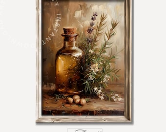 May include: A painting of a glass bottle filled with a golden liquid, surrounded by sprigs of rosemary and lavender. The bottle has a cork stopper and sits on a wooden surface with a few small, round objects.
