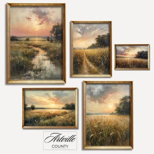 May include: Five framed landscape paintings with a sunset theme. Each painting features a different scene with a golden sunset and a variety of colors, including blue, green, and brown. The paintings are all in gold frames.
