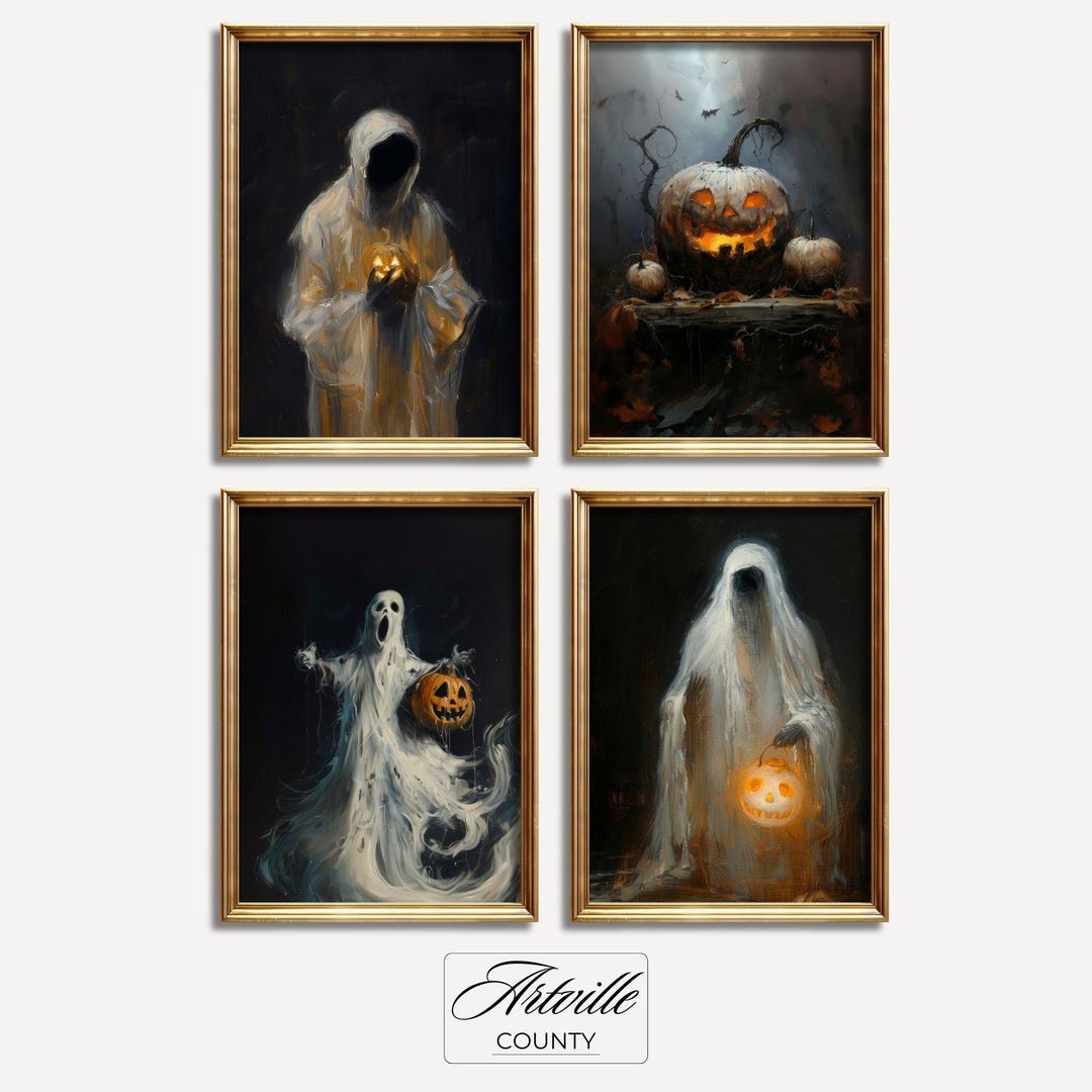 Haunted Ghost Halloween Wall Art Set Spooky Pumpkin Prints Dark Gothic ...