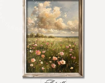 ヴィンテージの春の風景画、印刷可能なコテージコアのウォールアート、田園風景の春のアート、アンティークの野花のプリント、デジタルダウンロードアート
