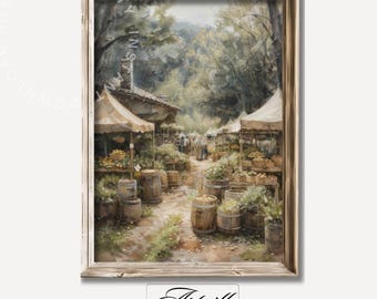 Printable Farm Market Painting, Cottagecore Wall Art, Vintage Spring Decor, Antique Oil Painting, Spring Art Print, Digital Download