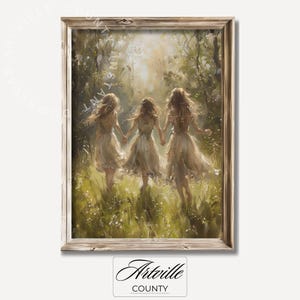 Printable Forest Fairies Oil Painting, Woodland Wall Art, Vintage Children in Forest Print, Whimsical Nursery Decor, Digital Download