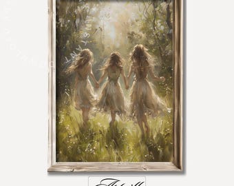 Printable Forest Fairies Oil Painting, Woodland Wall Art, Vintage Children in Forest Print, Whimsical Nursery Decor, Digital Download