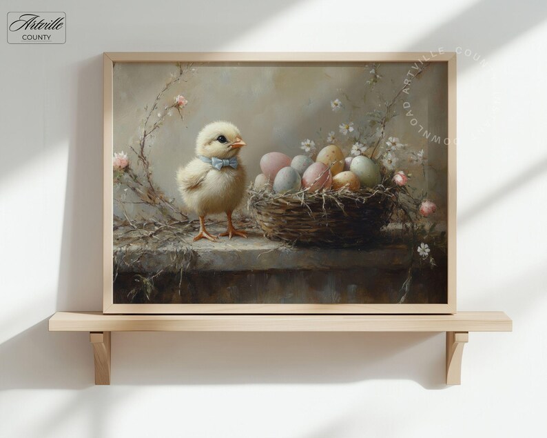 May include: A framed print featuring a charming yellow chick wearing a blue bow tie, standing next to a nest filled with pastel-colored eggs. The artwork has a vintage aesthetic with soft lighting and floral accents, perfect for Easter decor.