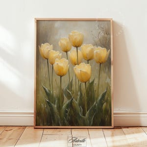 May include: A painting of a bouquet of yellow tulips in a vase. The tulips are arranged in a loose, natural style, and the background is a soft, muted green.