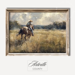 Printable Vintage Cowboy Wall Art, Western Print, Antique Horse Rider Painting, Horse Wall Art, Cowboy Decor, Digital Download