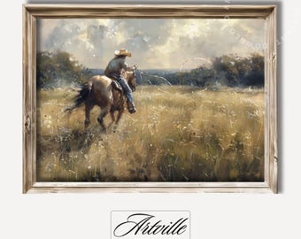Arte murale vintage da cowboy stampabile, stampa western, dipinto antico di cavaliere, arte murale con cavalli, decorazioni da cowboy, download digitale