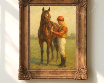Vintage Horse and Jockey Painting, Racehorse Print, Classic Equestrian Sports Decor, Digital Download