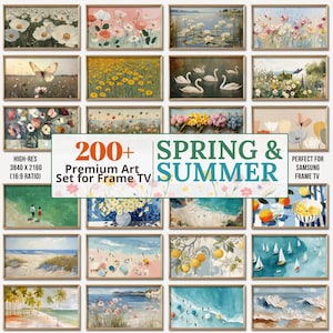 Puede incluir: Una colección de impresiones artísticas enmarcadas con escenas de primavera y verano. Las imágenes incluyen arreglos florales, paisajes y escenas de playa. El texto de la imagen dice "200+ Premium Art Set for Frame TV" y "Spring & Summer".